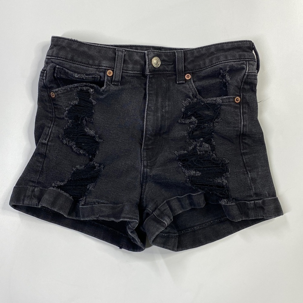 American Eagle Stretch Mom Shorts Black Distressed High Waist Size 2